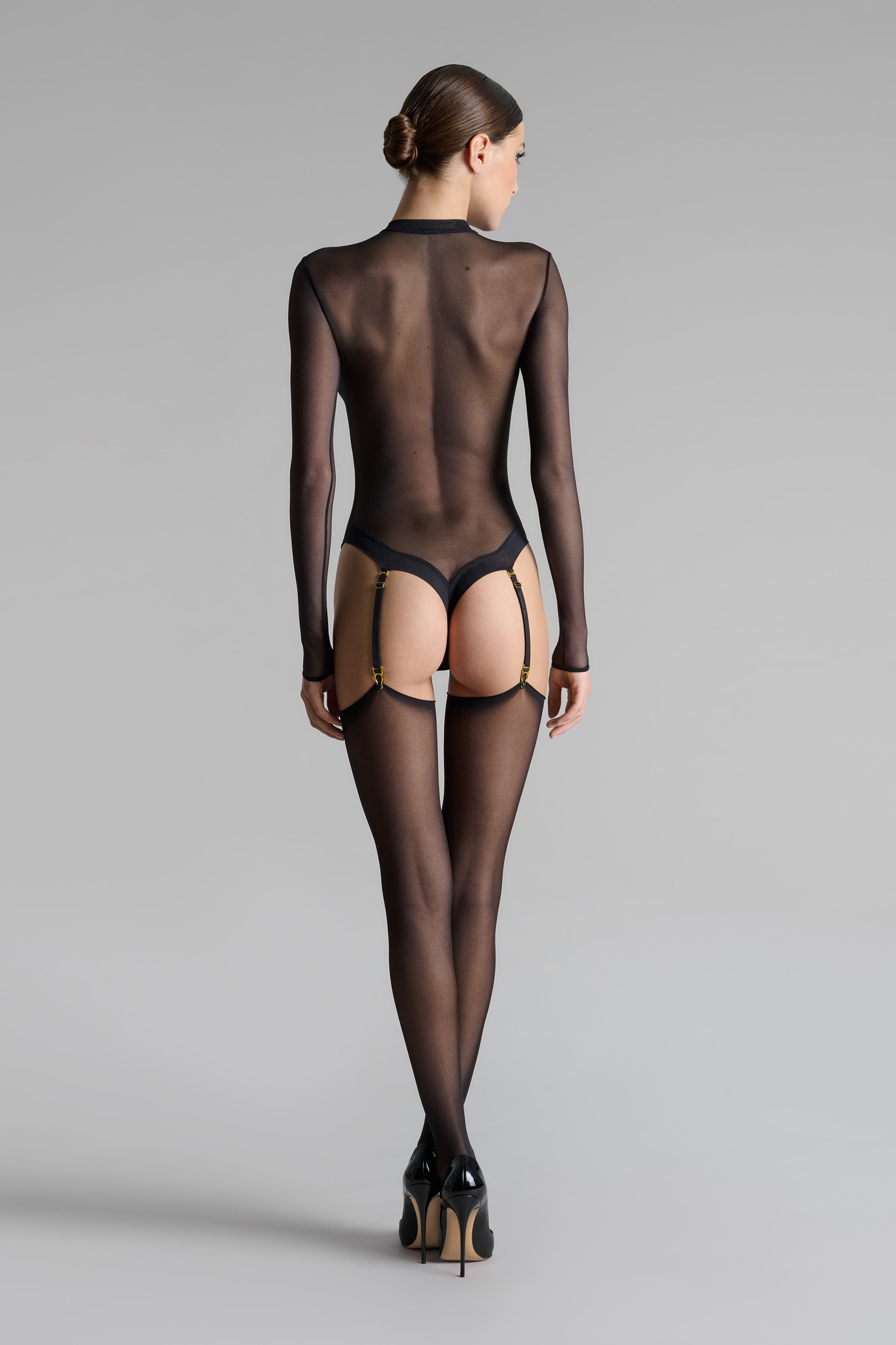 20D Silky Veil Rolled Cut Stockings - Black - Les Coquetteries
