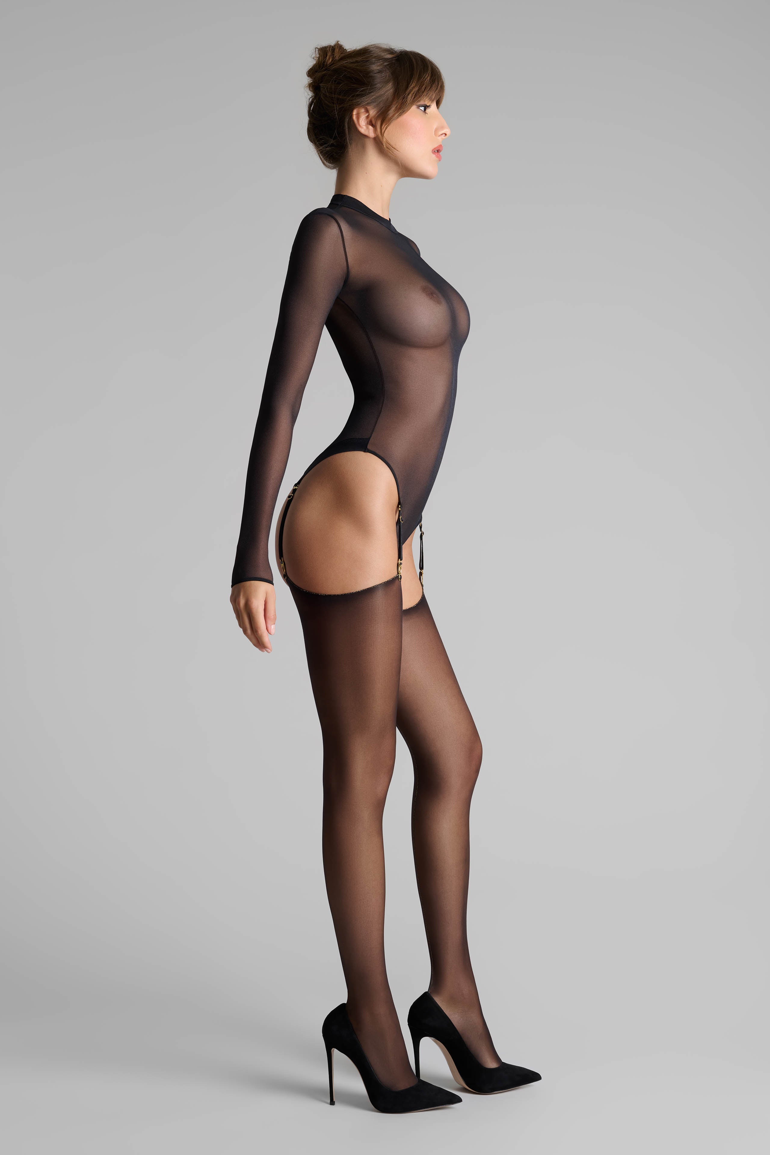 Geschnittene, gerollte Strümpfe mit Nähten aus Lurex 20D - Schwarz/Gold - Legwear