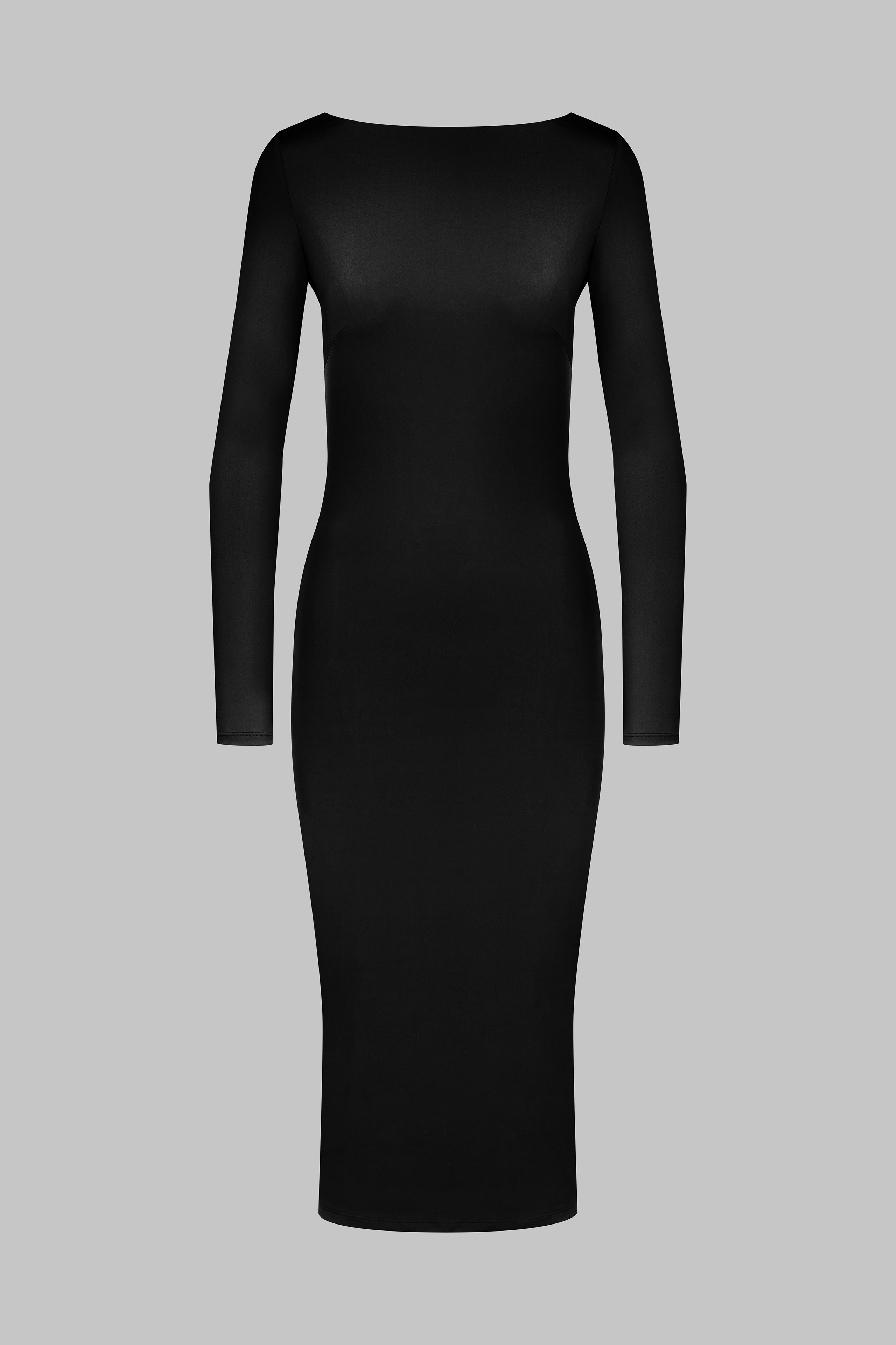 019 - Abito longuette stretch schiena nuda con maniche lunghe