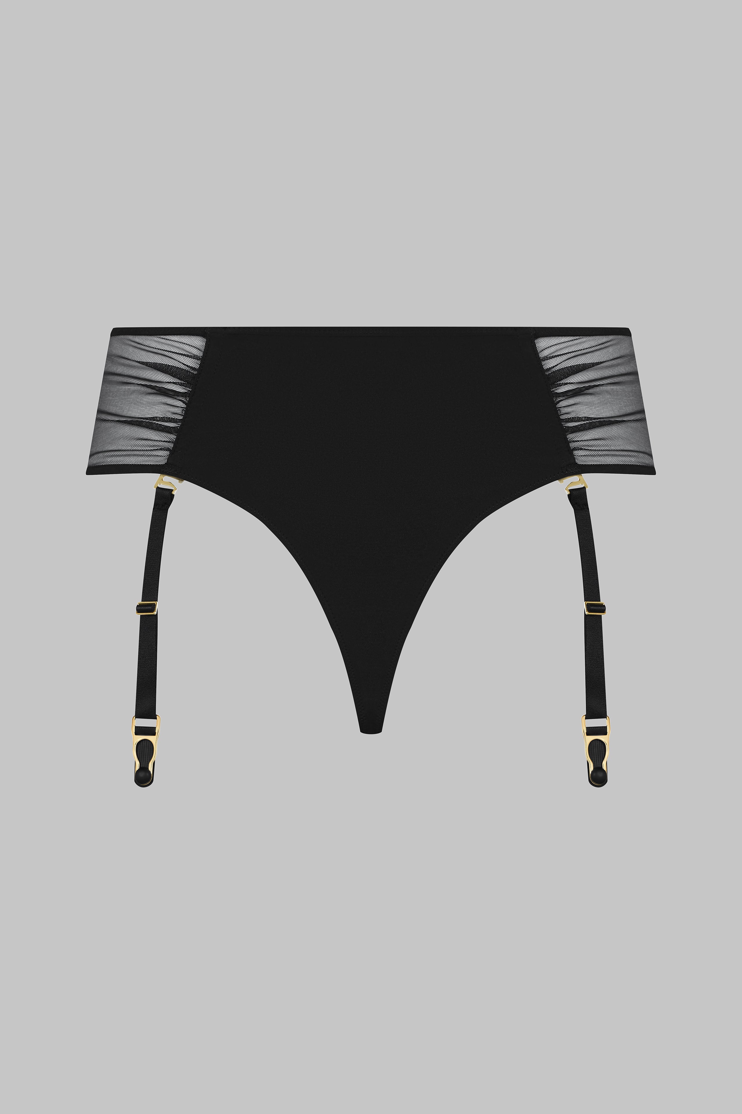 High-waisted openable thong with suspenders - Nuit Fauve