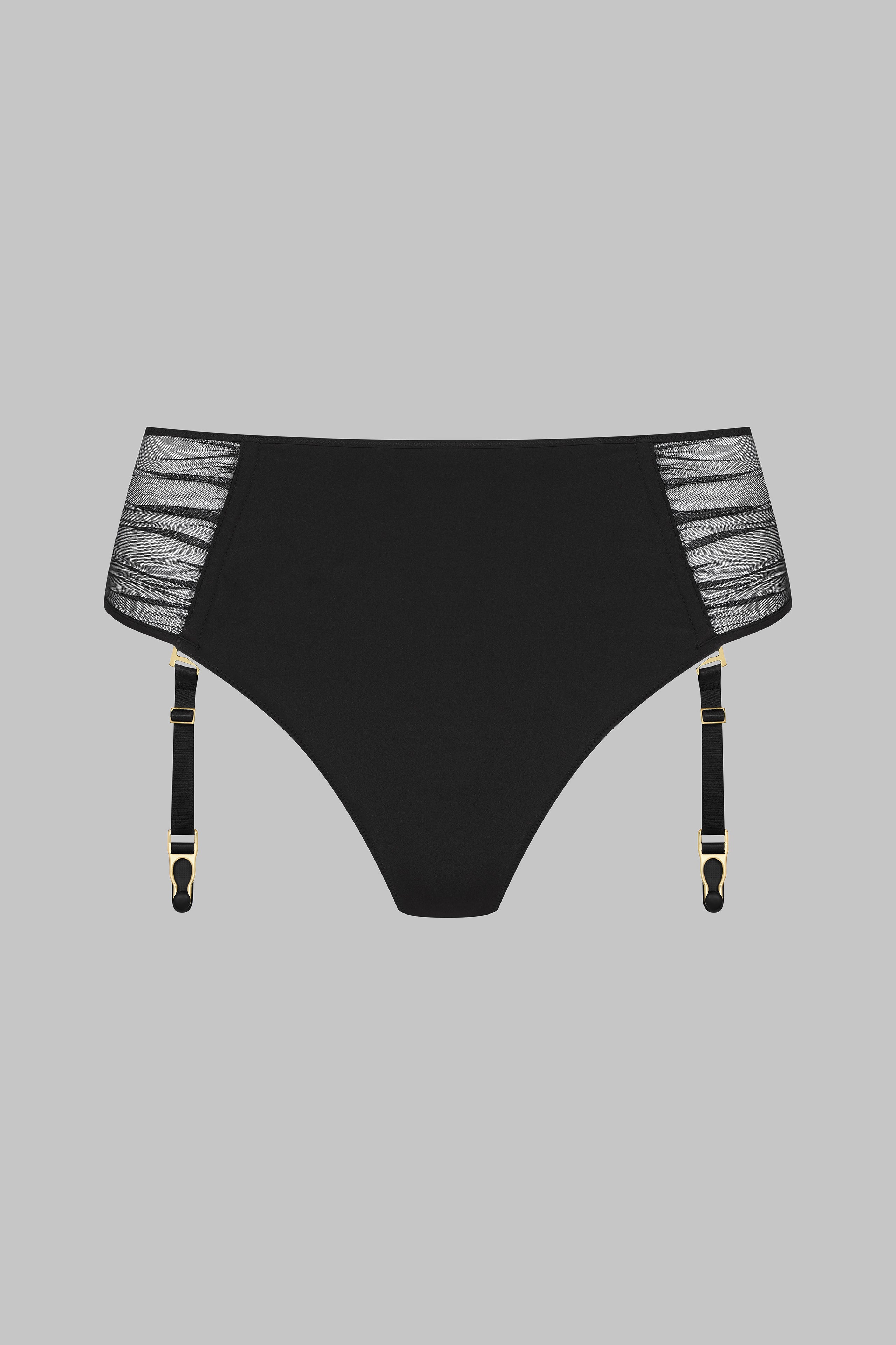 High-waisted openable thong with suspenders - Nuit Fauve