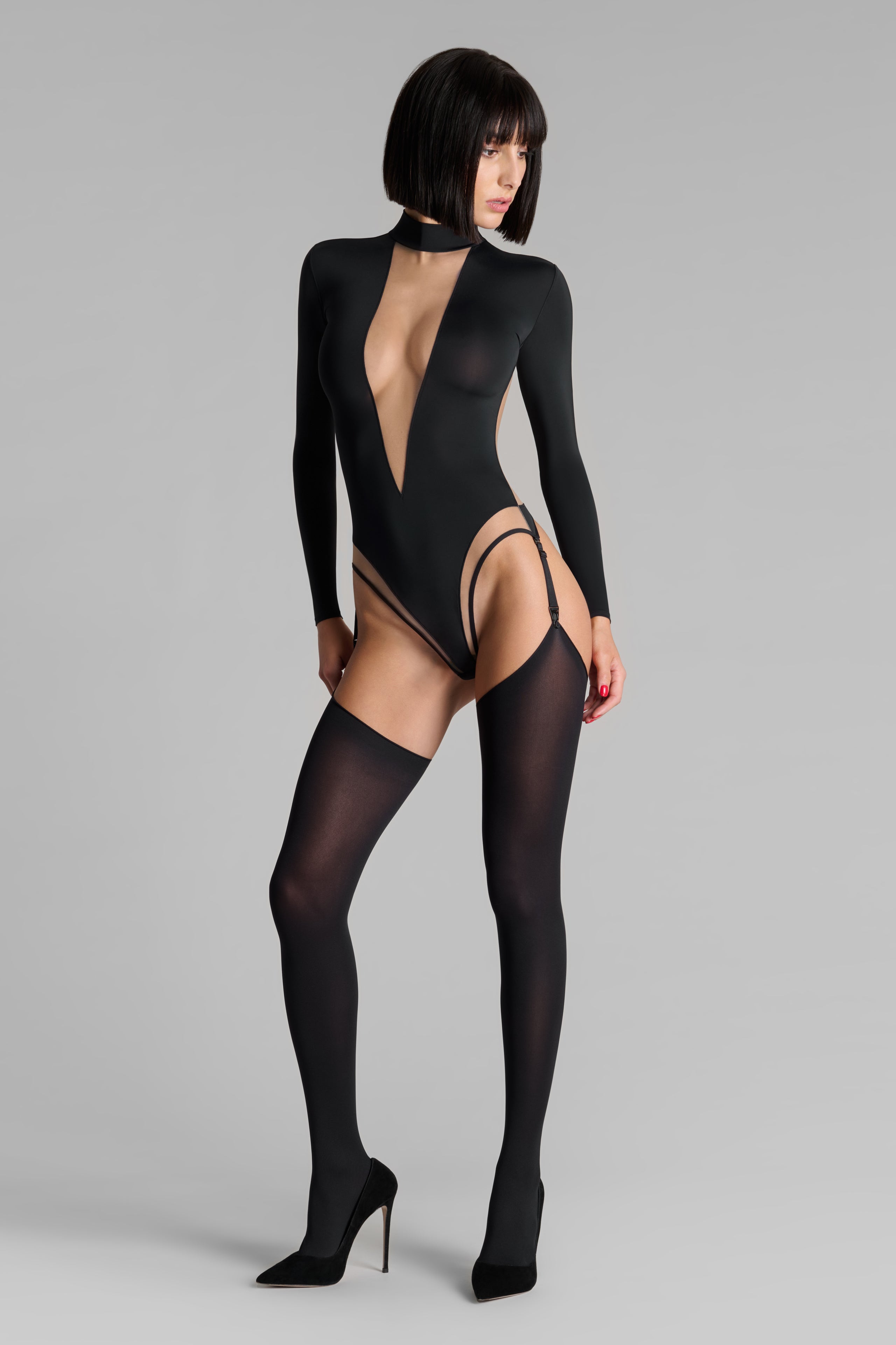 V-neck bodysuit with suspenders - Pure Tentation