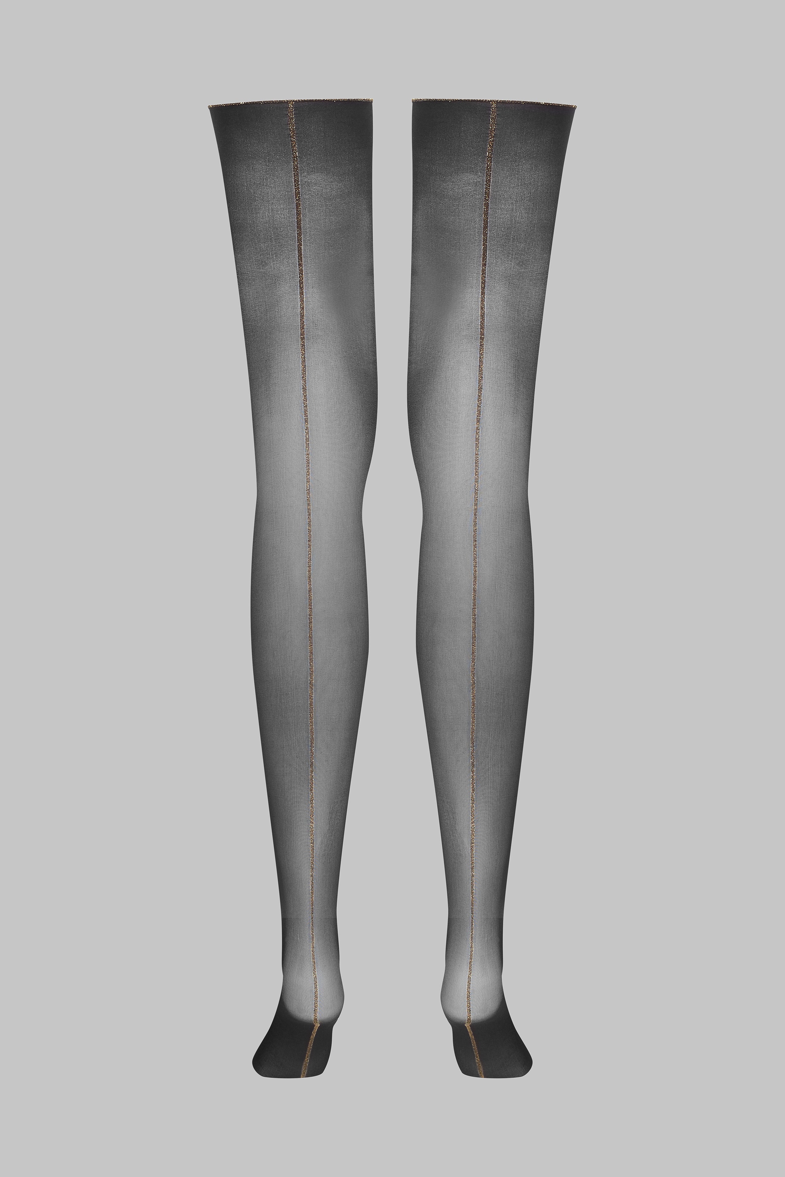Geschnittene, gerollte Strümpfe mit Nähten aus Lurex 20D - Schwarz/Gold - Legwear