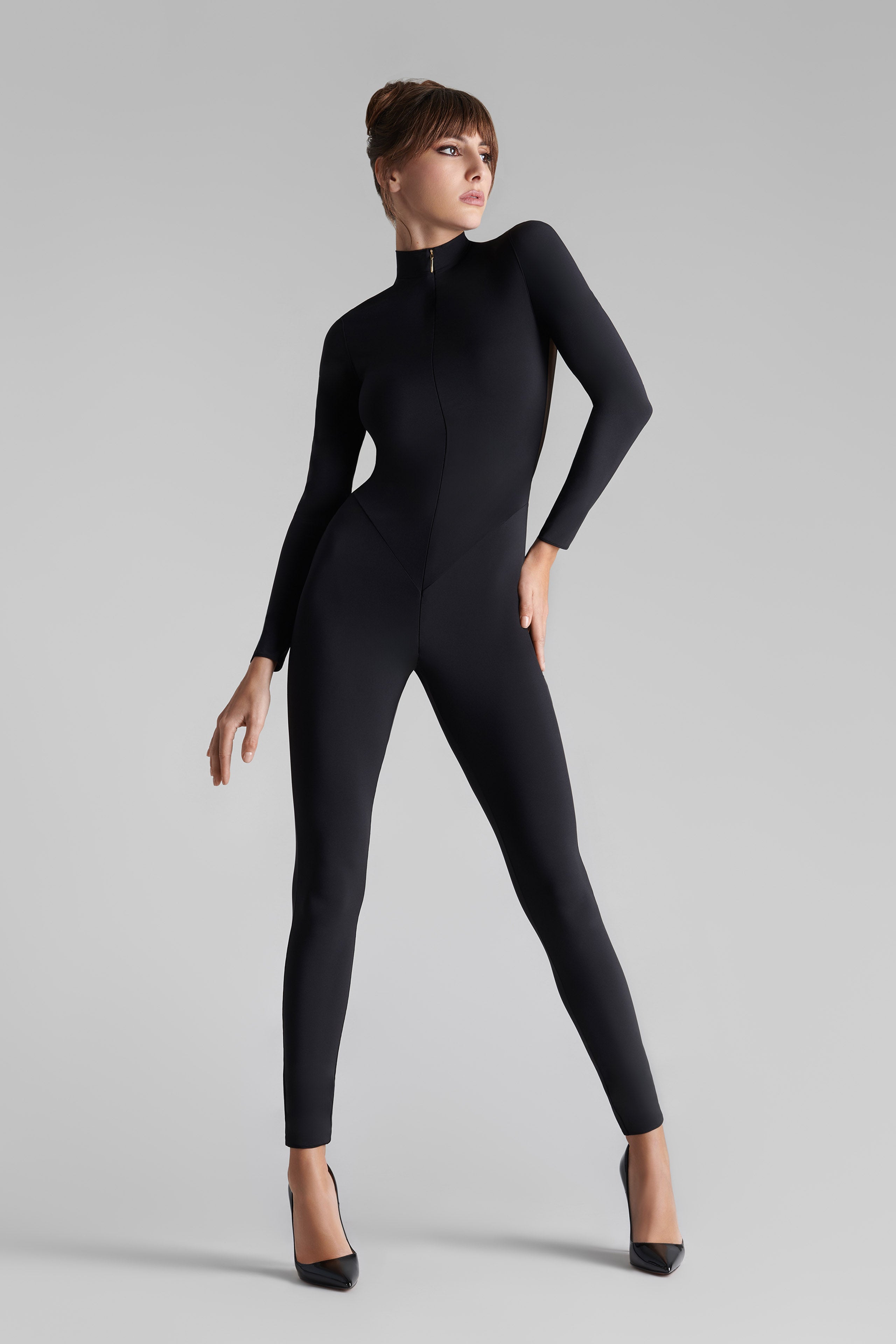 Long Sleeve Transparent Back Catsuit - Nuit Fauve