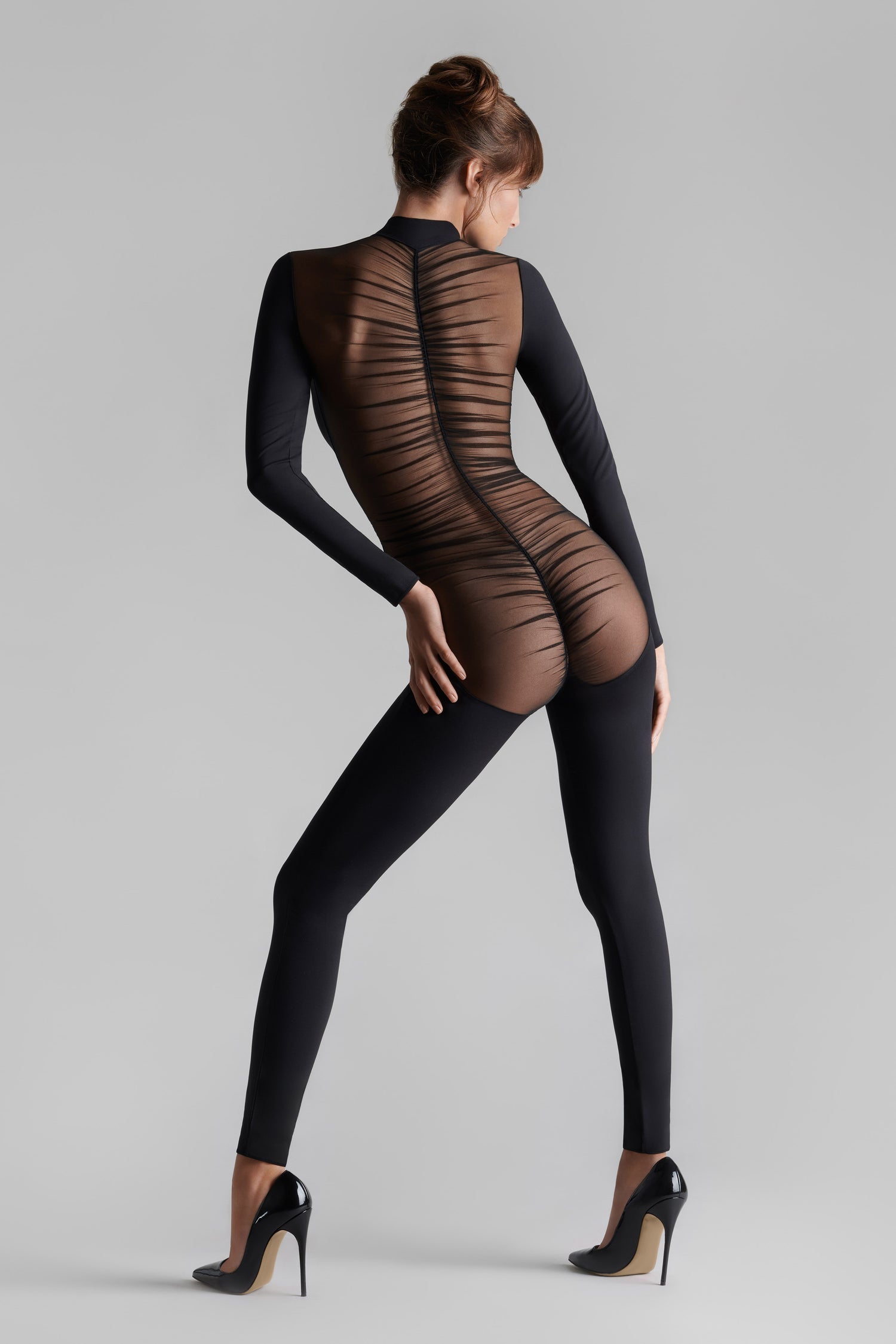 Long Sleeve Transparent Back Catsuit - Nuit Fauve