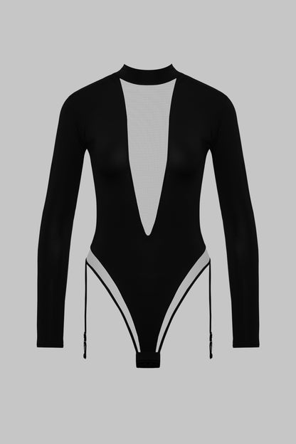 Body string col V manches longues porte-jarretelles - Pure Tentation