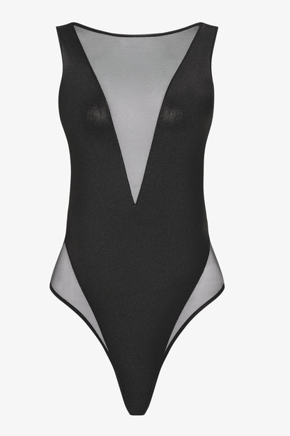 Sheer V-neck one-piece swimsuit - Minuit