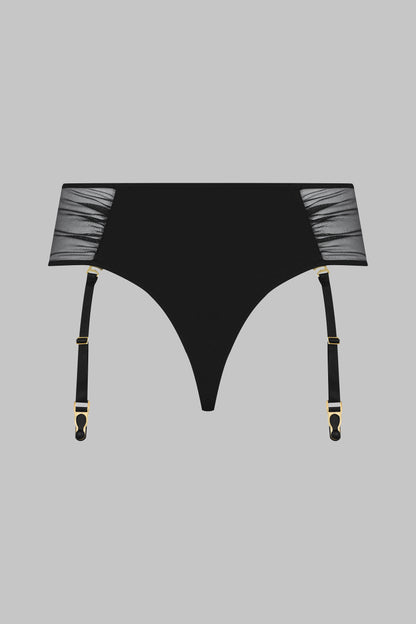 High-waisted openable thong with suspenders - Nuit Fauve