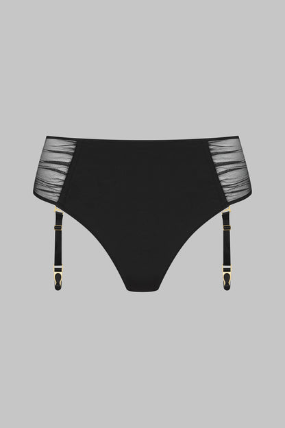 High-waisted openable thong with suspenders - Nuit Fauve